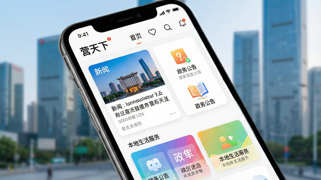 一张智能手机屏幕特写,屏幕上清晰展示“营天下”APP的瀑布流首页界面,包含新闻标题卡片、政务公告图标和本地生活服务入口,界面风格大气简洁,色彩明快,背景为模糊的现代化城市景观,整体画质高清,干净无多余元素