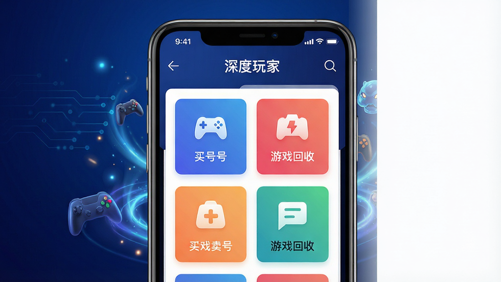 一张展示深度玩家APP核心服务场景的科技感宣传图,主体为智能手机屏幕中显示“深度玩家”交易平台界面,界面包含买号卖号、游戏回收等功能模块图标,背景为深蓝色渐变配以游戏元素光效,整体布局居中,排版简洁大气,风格现代商务,细节清晰,画质高清干净,无多余元素