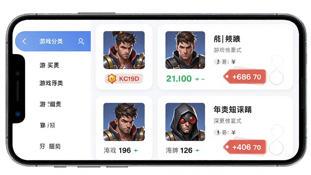 深度玩家APP买号卖号功能预览图,主体为手机界面展示账号列表和价格标签,布局为左右分栏,左侧是游戏分类,右侧是账号卡片信息,风格扁平化,细节包含游戏角色头像和等级标识,画质干净清晰,无多余元素