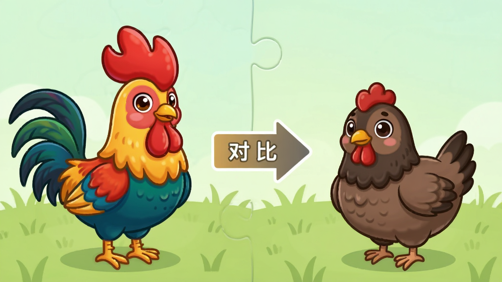 画面主体为公鸡与母鸡的对比拼图界面,左侧是色彩鲜艳、鸡冠高耸的公鸡,右侧是体型较小、羽毛暗淡的母鸡,中间有箭头和“对比”文字。布局左右对称,排版简洁,背景为柔和的浅绿色草地。采用宝宝巴士Q版卡通风格,线条圆润,细节精致,画质清晰明亮,整体干净无多余元素,突出“奇妙的动物家庭”教学主题。