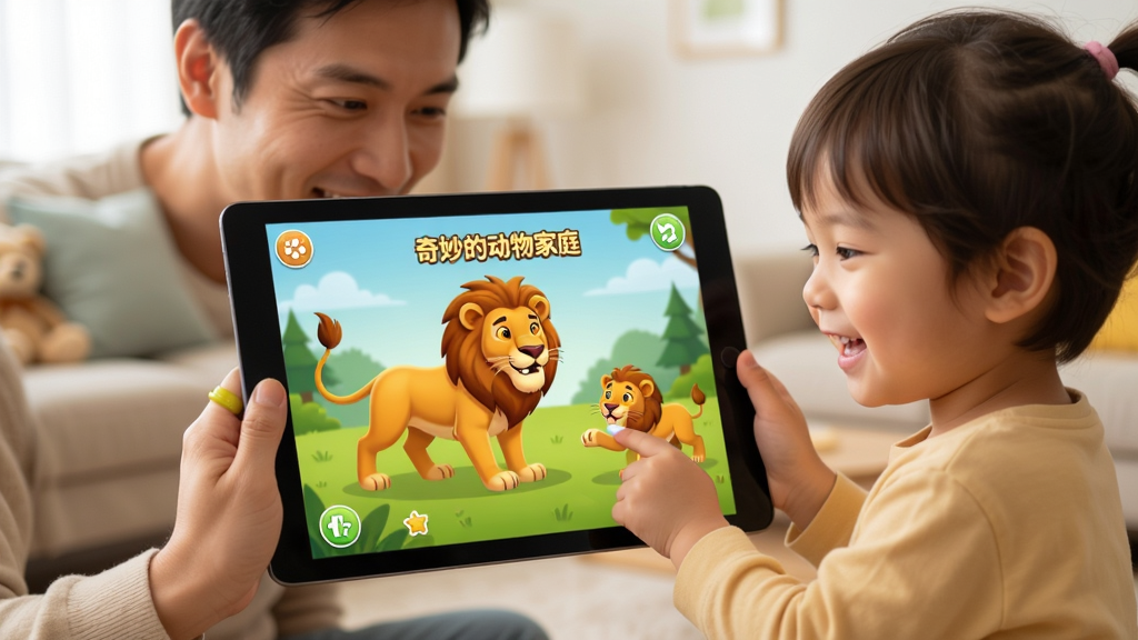 画面主体为家长和孩子一起在平板电脑前开心地玩“奇妙的动物家庭”游戏,屏幕上显示着狮子妈妈捕猎成功的庆祝画面。布局温馨,平板电脑居中,家长和孩子分别在两侧,背景是明亮的客厅。风格写实偏卡通,光线柔和,画质清晰,细节丰富,整体干净无多余元素,传达出亲子共学的快乐氛围。