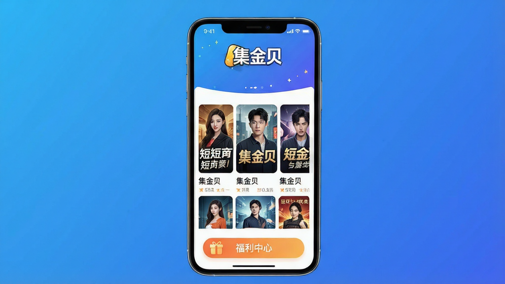 主体:一部智能手机屏幕中显示集金贝App界面,界面中展示多部热门短剧封面,上方有“集金贝”字样logo,下方有“福利中心”按钮;布局:手机居中,背景为渐变蓝色,界面元素清晰,排版整洁;风格:现代科技感,扁平化设计,色彩明亮,高清画质,干净无多余元素