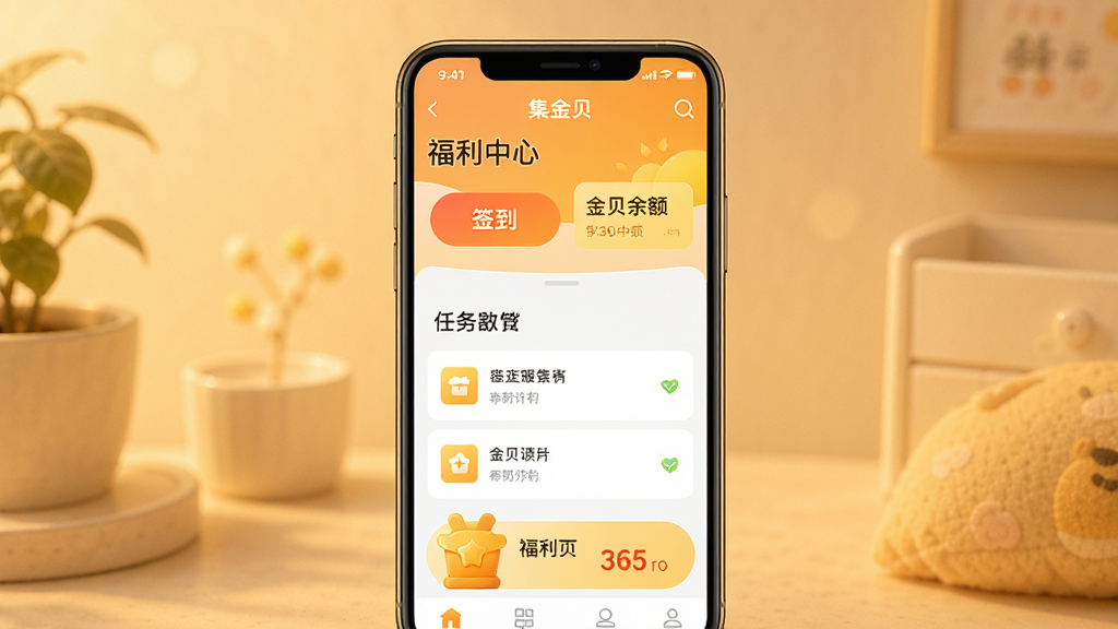 主体:一部手机屏幕上显示集金贝App的福利中心界面,界面上有签到按钮、任务列表、金贝余额等元素,背景为暖色调;布局:手机居中,界面元素清晰,排版整洁;风格:现代App界面,色彩明亮,高清,干净无多余元素