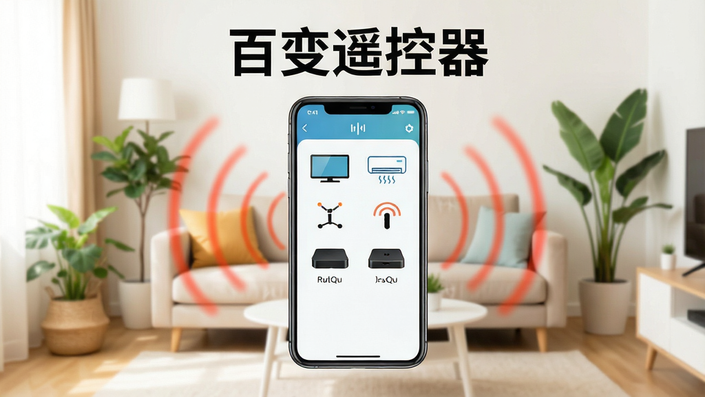 一张现代简约风格的室内场景图,画面中央是一部智能手机,屏幕显示百变遥控器应用界面,界面上排列着电视、空调、机顶盒等家电图标,手机周围悬浮着虚拟的红外线波纹,背景是温馨明亮的客厅,沙发和绿植点缀,整体色调清新明亮,画质干净,无多余元素,突出“百变遥控器”名称。