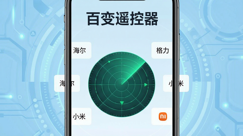 一张手机应用界面截图风格图片,手机屏幕显示百变遥控器的自动匹配页面,页面中央有一个雷达扫描动画,周围列出识别出的家电品牌,如“海尔”、“格力”、“小米”等,背景为浅蓝色科技感背景,突出“百变遥控器”名称,画质干净,无多余元素。