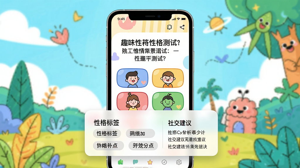 展示Cybox软件中趣味性格测试功能的界面预览图,画面中心是一个色彩鲜明的手机屏幕,屏幕内显示一道有趣的情景测试题和四个卡通选项按钮,下方悬浮着一张性格分析报告卡,报告卡上带有“性格标签”和“社交建议”等文字,背景为明亮活泼的插画风格,整体布局清晰,画质干净,无多余元素