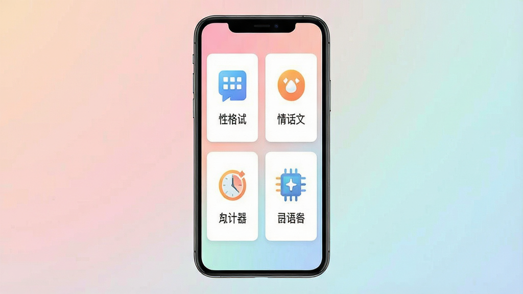 一张展示Cybox应用全貌的智能手机屏幕概念图,手机居中,屏幕内以简洁的卡片式布局同时呈现性格测试、情话文案、互动游戏、倒计时器和英语口语五个功能模块的图标与名称,背景为柔和的渐变色,整体风格现代扁平,画质干净,无多余元素