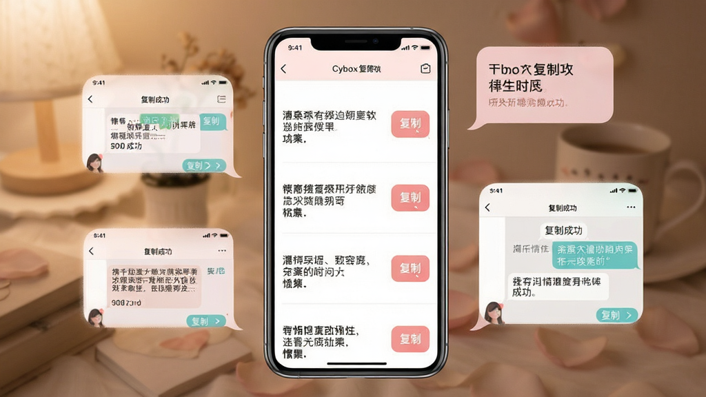 展示Cybox软件中撩人情话文案库功能的应用截图,画面中央是一部手机,屏幕内以列表形式展示着几条情话文案,每条文案右侧都有一个明显的“复制”按钮,手机旁边漂浮着几个淡粉色的对话气泡,气泡内显示复制成功后的聊天界面,整体色调温馨浪漫,排版简洁清晰,画质干净,无多余元素