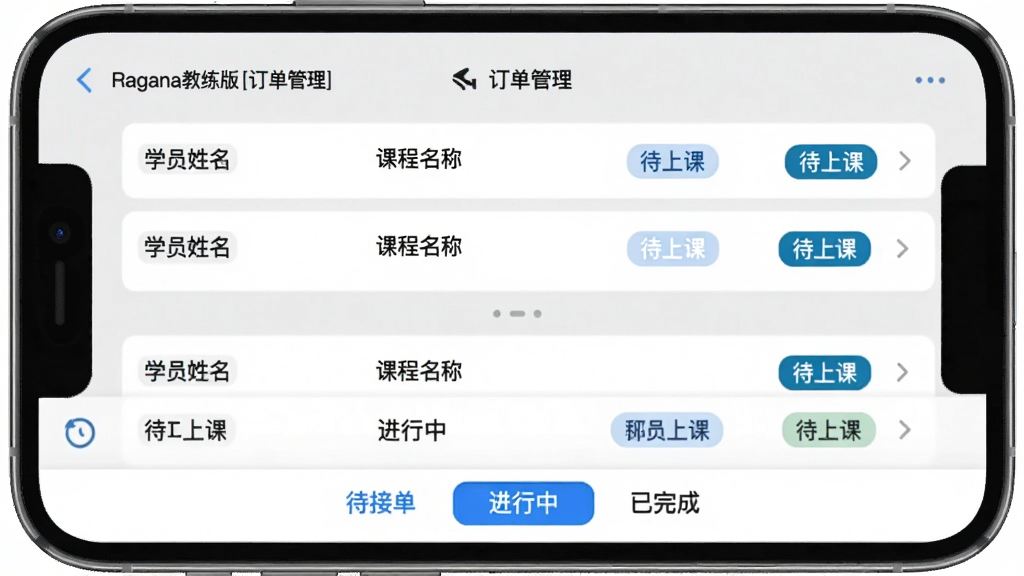 图片展示Ragana教练版“订单管理”界面,手机屏幕显示订单列表,每条订单包含学员姓名、课程名称、上课时间和状态标签(如“待上课”),底部有“待接单”、“进行中”、“已完成”的选项卡,界面简洁,使用浅灰色背景,蓝色高亮状态标签,画质干净,无多余元素