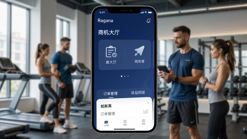 图片展示Ragana教练版APP在手机上运行的主界面,界面设计简洁现代,以深蓝色为主色调,首页显示“商机大厅”功能模块,下方有“订单管理”和“收益明细”的标签栏,背景为健身房场景,有教练和学员互动,画质清晰,干净,无多余元素