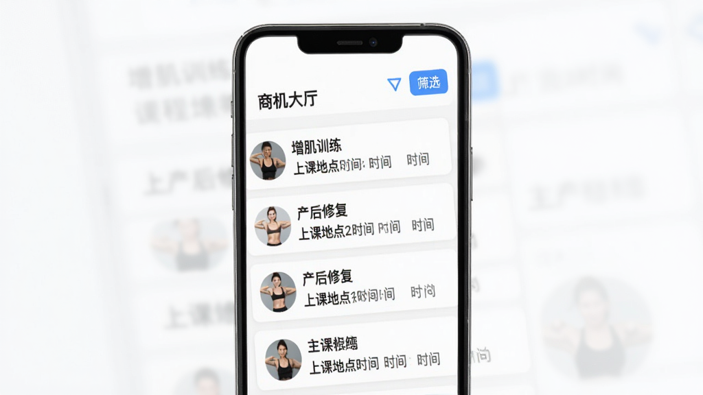 图片展示Ragana教练版“商机大厅”界面,手机屏幕上显示多条学员需求列表,每条包含学员头像、课程类型(如“增肌训练”、“产后修复”)、上课地点和时间,右上角有“筛选”按钮,界面以白色为底色,蓝色点缀,风格清爽,画质干净,无多余元素