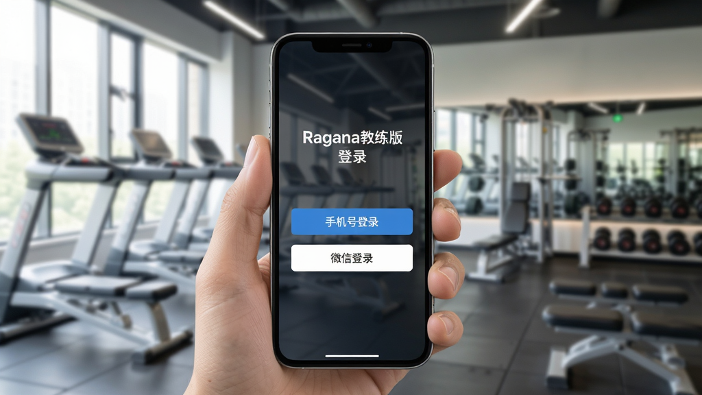 手机展示Ragana教练版登录界面,屏幕上有“手机号登录”和“微信登录”按钮,背景为健身房器材,光线明亮,风格写实,画质干净,无多余元素
