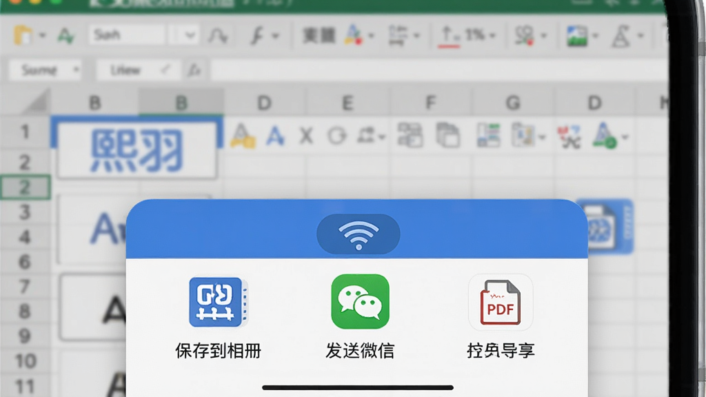 熙羽Excel表格手机编辑导出分享界面示意图,底部弹出分享面板,包含保存到相册、发送微信、导出PDF等选项图标,界面背景为模糊的表格内容,布局简洁,风格商务蓝白配色,细节突出Wi-Fi传输图标,画质高清,干净无多余元素