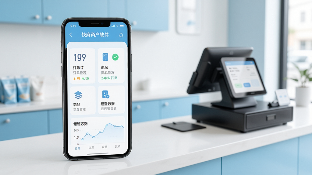 一幅展示智能手机屏幕运行快麻商户软件界面的高清图片,屏幕内清晰显示订单管理、商品管理、经营数据等核心功能模块图标,背景为简约现代风格的店铺收银台场景,整体布局以浅蓝色和白色为主色调,画面干净明亮,细节丰富,画质清晰,无多余元素。