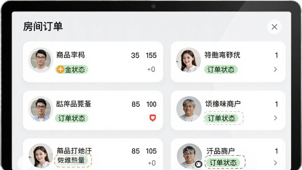 快麻商户软件订单聚合页面截图展示,界面顶部显示“房间订单”标题,下方列出多个订单卡片,包含顾客头像、商品名称、数量、金额和订单状态标签,背景为浅灰色,卡片为白色圆角设计,整体风格简洁商务,画质清晰,无多余元素。