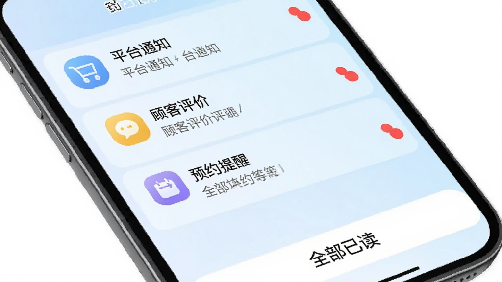 快麻商户消息通知界面展示,屏幕内显示多条消息列表,包含平台通知、顾客评价、预约提醒等分类图标,每条消息右侧有未读红点标记,界面下方有“全部已读”按钮,背景为淡蓝色渐变,整体风格清新简洁,画质干净,无多余元素。