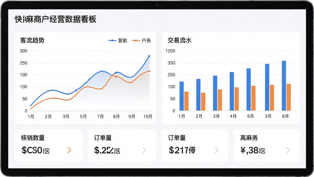 快麻商户经营数据看板界面展示,屏幕内显示折线图和柱状图,分别代表客流趋势和交易流水,图表下方有核销数量、订单量等数据卡片,整体配色为白色背景搭配蓝色和橙色线条,风格现代简约,画质清晰,无多余元素。