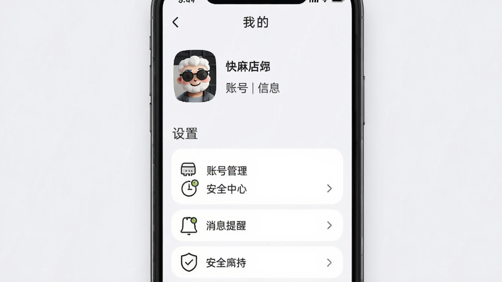 快麻商户“我的”设置页面展示,屏幕内显示店铺头像、店铺名称、账号信息、设置选项列表,包含副账号管理、消息提醒、安全中心等,背景为浅灰白色,图标为圆角线条风格,整体视觉简洁商务,画质清晰,无多余元素。