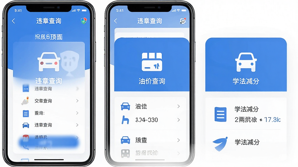 交通违章处置指南APP主界面预览图,展示违章查询、油价查询、学法减分等核心功能模块,采用扁平化设计风格,整体布局清晰明了,色彩以蓝色和白色为主色调,配以简洁的图标和文字标签,画质清晰干净,无多余元素