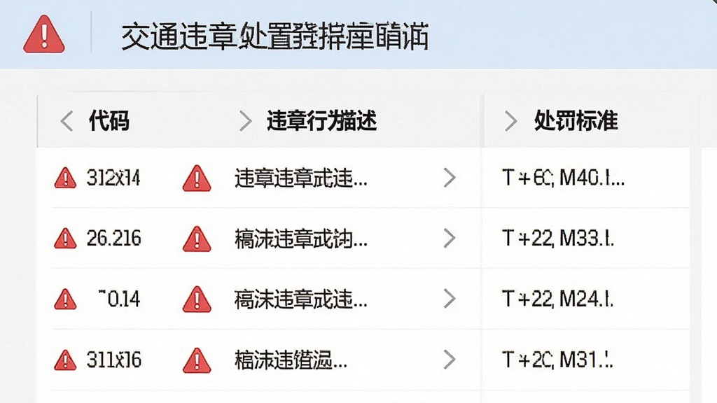 交通违章处置指南违章查询功能预览图,展示违章代码列表界面,包含违章代码、违章行为描述及处罚标准,界面设计简洁明快,配有红色警示图标和清晰的文字说明,画质干净无多余元素