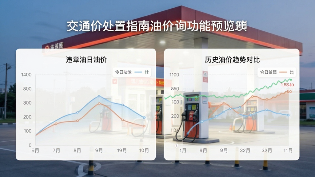 交通违章处置指南油价查询功能预览图,展示今日油价及历史油价趋势对比图,采用折线图形式展示涨跌幅度,界面配色柔和,数据清晰可读,配有加油站背景图片,画质干净无多余元素