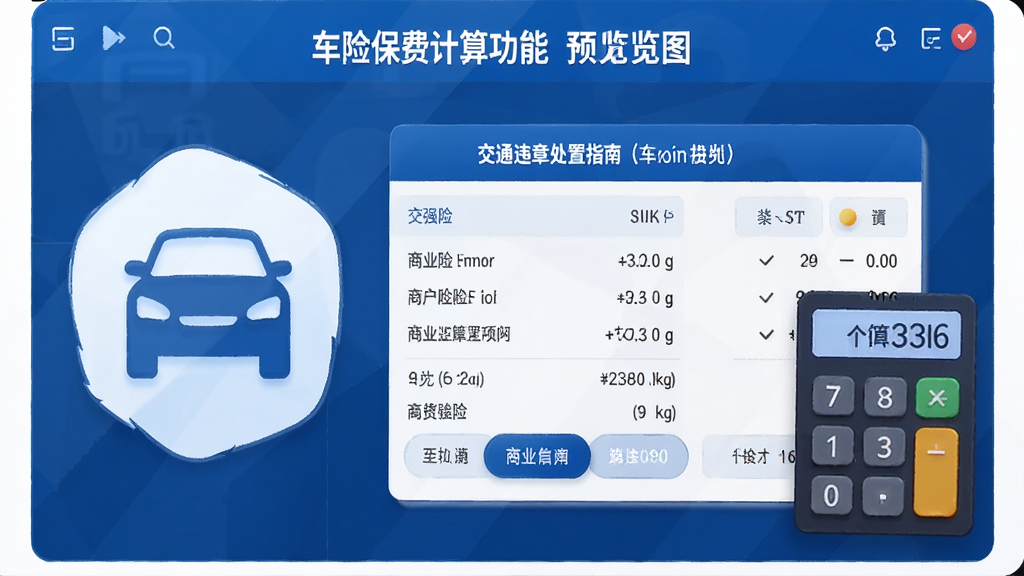 交通违章处置指南车险保费计算功能预览图,展示车辆报价计算界面,包含交强险、商业险等费用明细,配有车辆图标和计算器元素,界面设计专业大气,蓝色为主色调,画质干净无多余元素