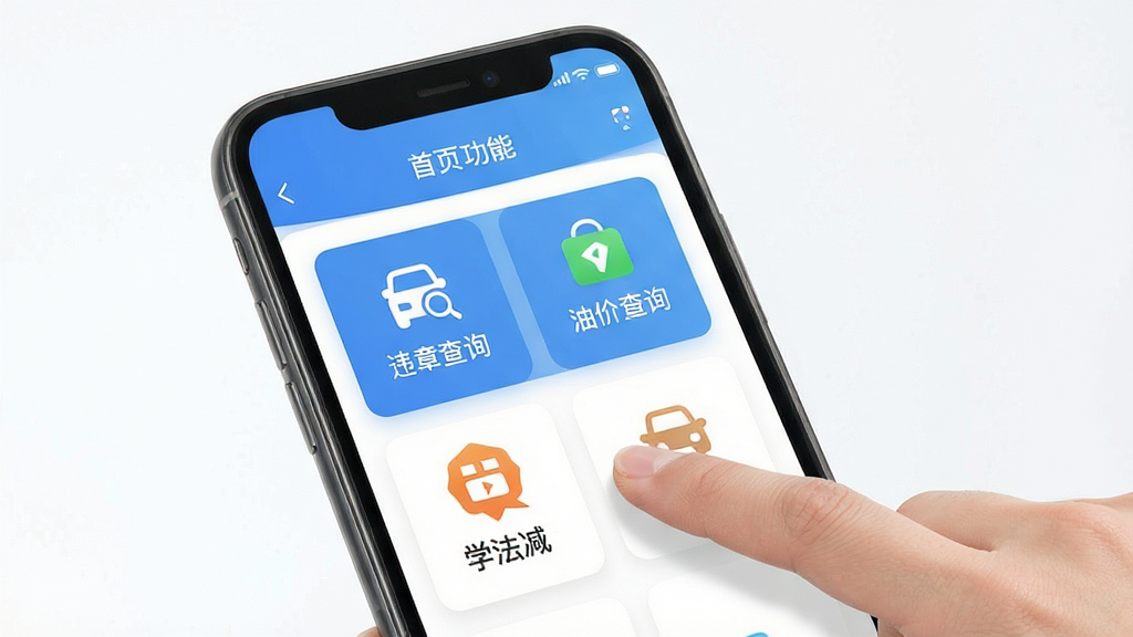 交通违章处置指南手机端操作界面预览图,展示首页功能菜单列表,包含违章查询、油价查询、学法减分等图标,手指点击操作场景,界面设计简洁清新,配以手机模型图,画质干净无多余元素