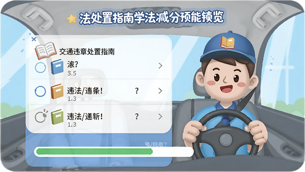 交通违章处置指南学法减分练习功能预览图,展示答题界面,包含选择题选项和进度条,配有驾驶员卡通形象和书本图标,设计风格活泼有趣,色彩明快,画质干净无多余元素