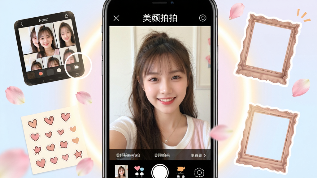 主体:手机屏幕展示“美颜拍拍”自拍界面,屏幕中一位年轻女性微笑自拍,界面周围环绕复古滤镜、贴纸、相框等元素。布局:手机居中,界面元素清晰可见,周围搭配柔和光晕和花瓣点缀。排版:屏幕上方显示“美颜拍拍”字样,下方排列功能图标。风格:清新甜美,现代感,色彩明亮。细节:滤镜预览小图、贴纸图案、相框边缘。画质:高清,干净,无多余元素。