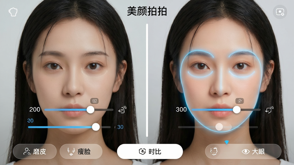 主体:“美颜拍拍”智能美颜功能界面,左侧为原始照片,右侧为美颜后对比图,面部区域高亮显示调节滑块。布局:左右分屏对比,中间用白色分割线隔开,下方一排功能按钮。排版:界面简洁,顶部标题“美颜拍拍”,底部按钮文字“磨皮”“瘦脸”“大眼”。风格:科技感,干净明亮。细节:滑块调节数值、对比效果、皮肤质感。画质:高清,干净,无多余元素。