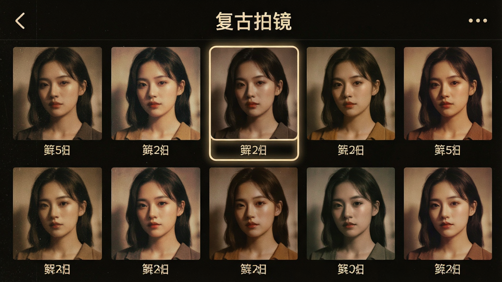 主体:“美颜拍拍”复古滤镜选择界面,多张同一人像照片以网格排列,每张应用不同滤镜效果。布局:网格布局,每张照片下方标注滤镜名称。排版:顶部标题“复古滤镜”,选中滤镜有高亮边框。风格:复古文艺,色调偏暖。细节:胶片颗粒感、光影变化、滤镜名称文字。画质:高清,干净,无多余元素。