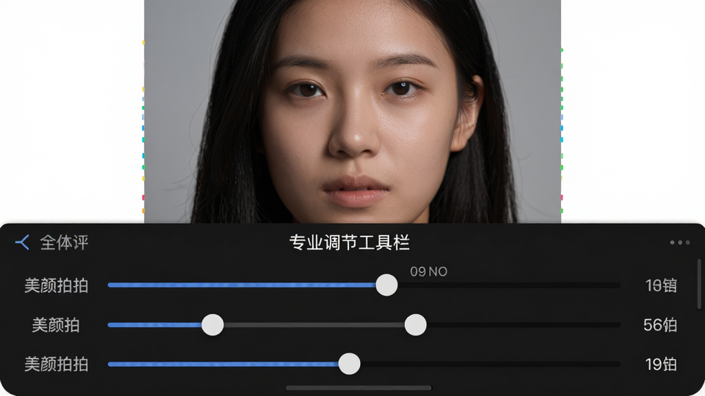 主体:“美颜拍拍”专业调节工具栏界面,屏幕下方显示多个滑块,上方为正在编辑的人像照片。布局:上方照片,下方滑块区域,滑块依次排列。排版:滑块左侧标注参数名称,右侧显示数值。风格:简洁专业,深色背景。细节:滑块数值变化、照片光影变化。画质:高清,干净,无多余元素。