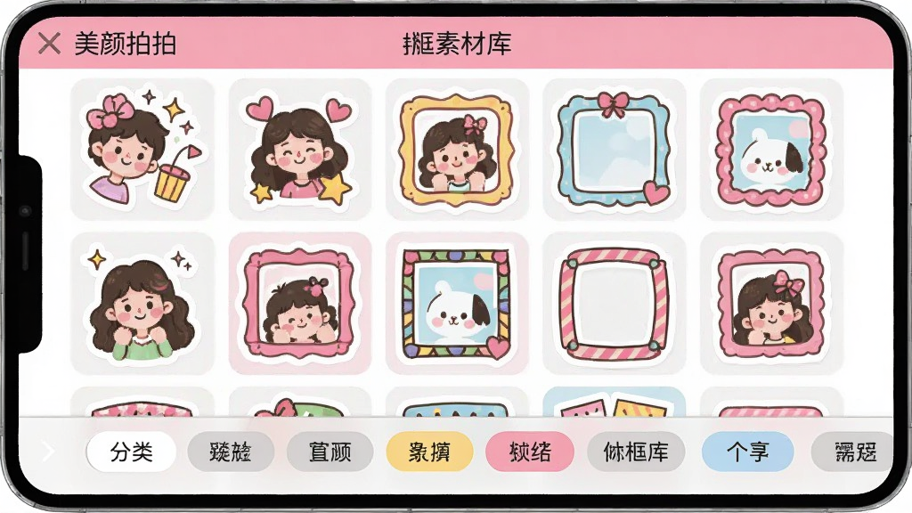 主体:“美颜拍拍”贴纸相框素材库界面,屏幕上展示多张贴纸和相框缩略图,下方有分类标签。布局:上方为素材展示区,下方为分类标签栏。排版:素材以网格排列,标签横向滑动。风格:活泼可爱,色彩丰富。细节:贴纸图案、相框样式、分类标签。画质:高清,干净,无多余元素。