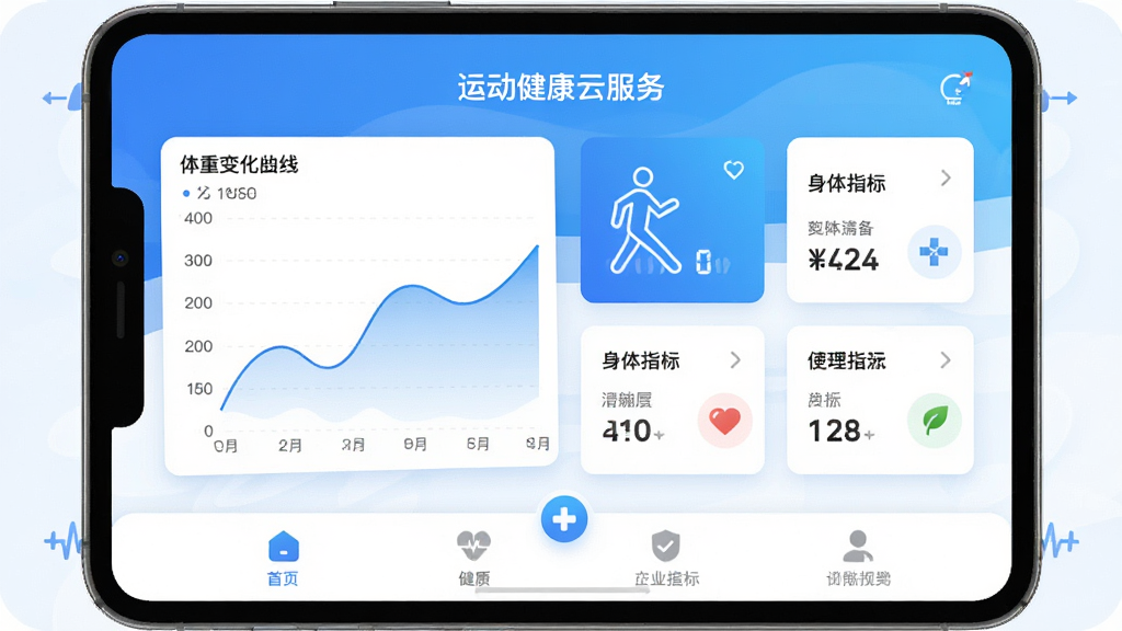 运动健康云服务APP主界面预览图,展示体重变化曲线图表、身体指标数据卡片、以及底部功能导航栏,整体风格为蓝白渐变色调,扁平化设计,界面干净明亮,布局清晰,画质高清,无多余元素