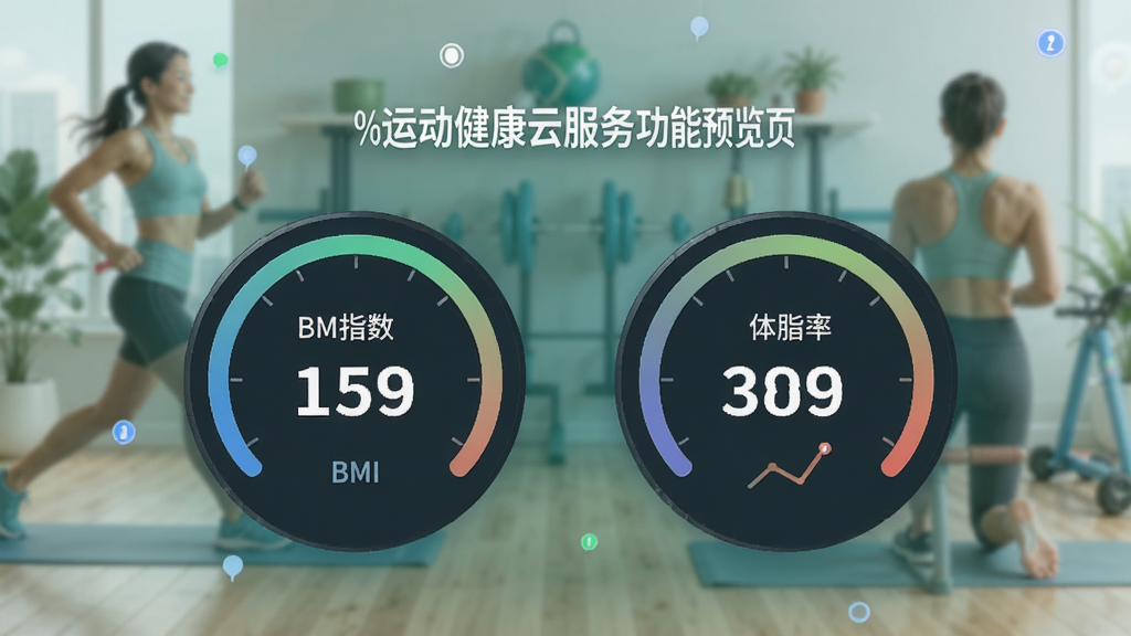 运动健康云服务功能预览图,展示身体指标测算结果页面,包含BMI指数和体脂率数值仪表盘,背景为健康生活方式元素,布局简洁,数据可视化清晰,风格专业现代,画质细腻,无多余元素