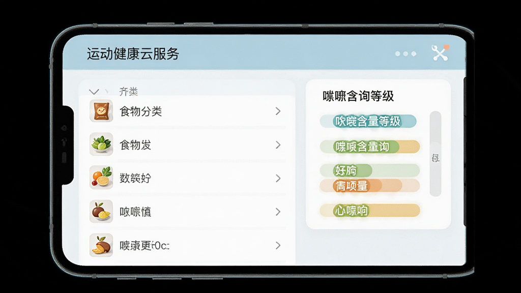 运动健康云服务食物嘌呤查询功能预览图,展示食物分类列表和嘌呤含量等级标识,界面采用列表式布局,信息清晰易读,风格简洁实用,色彩柔和,画质清晰,无多余元素