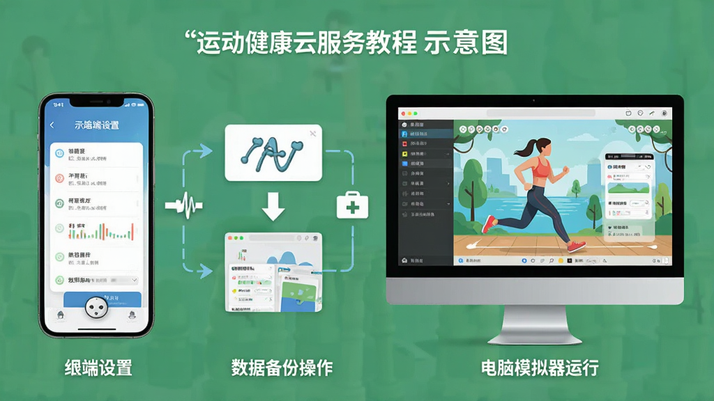运动健康云服务使用教程示意图,展示手机端设置和数据备份操作流程,以及电脑模拟器运行界面,风格为教学图解,步骤标注清晰,画质干净,无多余元素