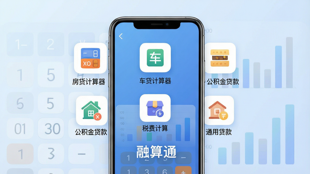 一张展示融算通软件核心功能的创意宣传图,画面主体为一部智能手机,屏幕中清晰显示融算通App的界面,包含房贷计算器、车贷计算器、公积金贷款、税费计算、通用贷款五个功能图标,图标下方有“融算通”文字标识。布局采用居中构图,背景为淡蓝色渐变,风格简洁现代,细节上突出计算器数字键盘与柱状图元素,画质高清,干净无多余元素。