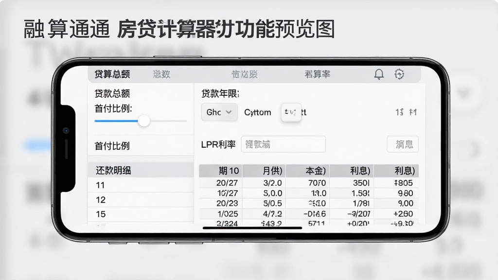 融算通房贷计算器功能预览图,画面主体为手机横屏展示,屏幕中显示房贷计算界面,包含贷款总额、首付比例调节滑块、贷款年限选择器以及LPR利率输入框,下方生成一个还款明细表格,列出期数、月供、本金、利息等数据。布局为左右分栏,左侧参数右侧结果,背景为浅灰色,风格简洁商务,突出数字与表格细节,画质清晰,干净无多余元素。