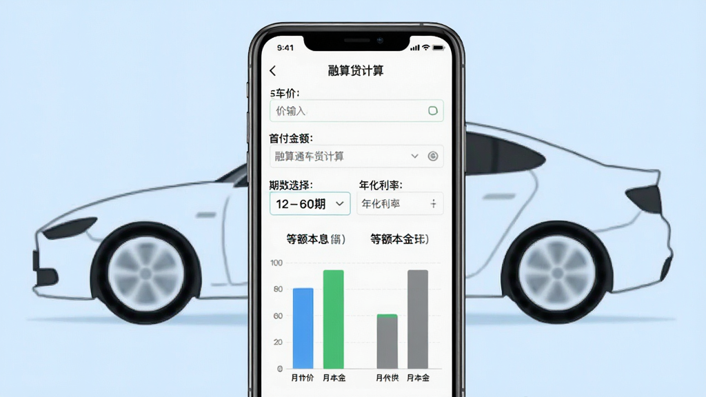 融算通车贷计算器界面展示图,画面主体为一辆汽车轮廓背景前的一部手机,屏幕中显示车贷计算页面,包含车价输入框、首付金额、期数选择(12-60期)、年化利率,下方为等额本息与等额本金两种方式的月供对比柱状图。布局为居中构图,背景为浅蓝色,风格清新,突出数据对比与汽车元素,画质高清,干净无多余元素。