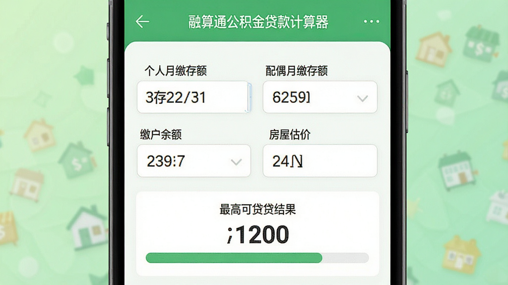 融算通公积金贷款计算器功能示意图,画面主体为手机屏幕特写,界面显示公积金计算页面,包含个人月缴存额、配偶月缴存额、缴存比例、账户余额、房屋估价等输入项,下方显示最高可贷额度结果及进度条。布局为上下结构,背景为浅绿色渐变,风格简约,突出额度数字与进度条细节,画质清晰,干净无多余元素。