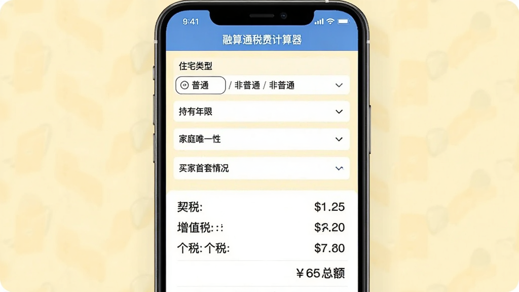 融算通税费计算器界面预览图,画面主体为手机屏幕,显示税费计算页面,包含住宅类型选择(普通/非普通)、持有年限、家庭唯一性、买家首套情况等选项,下方列出契税、增值税、个税等费用明细及总额。布局为列表式,背景为浅黄色,风格简洁,突出各项费用数字,画质高清,干净无多余元素。