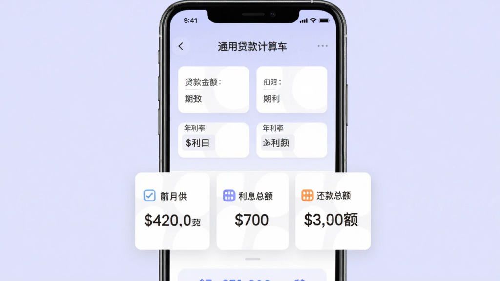 融算通通用贷款计算器功能展示图,画面主体为手机屏幕,显示通用贷款计算页面,包含贷款金额、期数、年利率输入框,下方显示月供、利息总额、还款总额三个结果卡片。布局为居中卡片式,背景为浅紫色,风格现代,突出数字卡片,画质清晰,干净无多余元素。