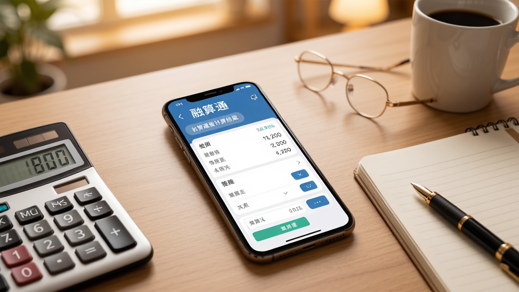 融算通软件使用场景图,画面主体为一部手机放置在办公桌上,屏幕显示融算通计算结果页面,周围有计算器、笔记本、笔等办公物品,背景为温馨的室内环境,布局为俯拍视角,风格写实,突出软件与办公场景结合,画质清晰,干净无多余元素。