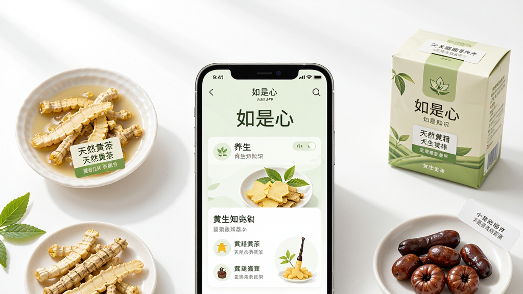 主体:如是心APP界面与天然黄精产品展示,手机屏幕呈现养生知识内容,周围摆放黄精茶、黄精果等产品;布局:手机居中,产品环绕,上方留白;排版:简洁清晰,突出品牌名称“如是心”;风格:清新自然,健康养生风格;细节:画面干净明亮,产品标签清晰可见;画质:高清,干净,无多余元素