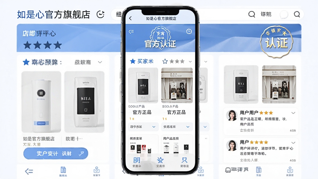 主体:如是心官方旗舰店展示页面,带有正品认证标识;布局:手机界面上显示店铺评分、买家秀、认证标志;排版:信息层级分明,突出“官方正品”字样;风格:简约商务,蓝色调为主;细节:清晰展示产品详情和用户评价;画质:高清,干净,无多余元素