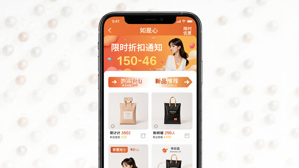 主体:如是心APP活动通知页面,展示限时折扣和新品推荐;布局:手机界面顶部为活动横幅,下方为产品列表;排版:色彩鲜明,突出“限时优惠”标签;风格:现代营销风格,暖色调;细节:倒计时、价格对比清晰;画质:高清,干净,无多余元素