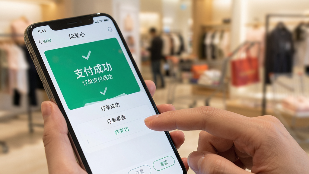 主体:用户正在手机上操作如是心APP,屏幕显示订单支付成功界面;布局:手机特写,背景模糊购物场景;排版:突出“支付成功”字样;风格:纪实风格,自然光线;细节:手指点击屏幕,界面清晰;画质:高清,干净,无多余元素