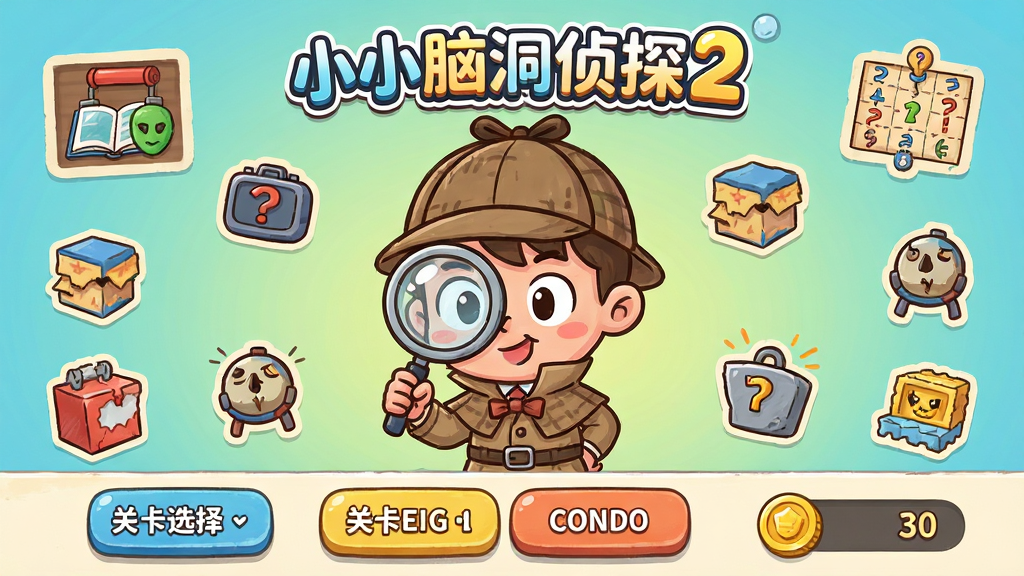主体:《小小脑洞侦探2》游戏主界面,画面中央一个卡通侦探角色手持放大镜,周围散布着各种隐藏物品和趣味谜题元素。布局:上方显示游戏LOGO“小小脑洞侦探2”,下方为关卡选择按钮和金币数量。排版:界面清晰简洁,按钮排列有序,色彩明快。风格:卡通手绘风格,颜色鲜艳活泼,线条圆润可爱。细节:角色表情生动,物品细节丰富,光影效果柔和。画质:高清细腻,干净无多余元素。