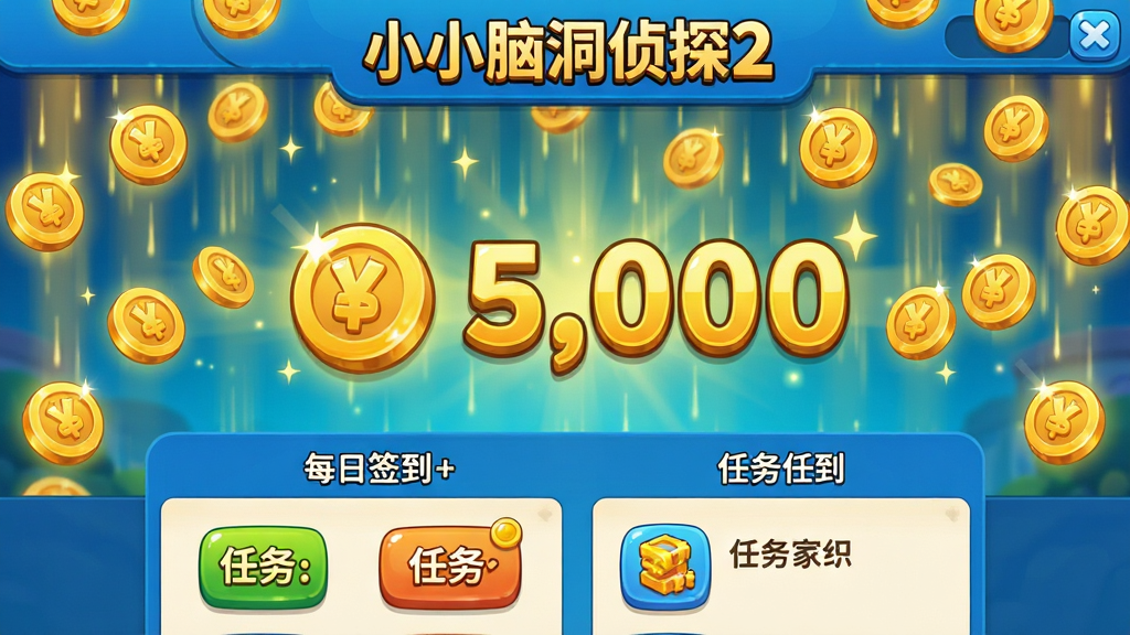 主体:《小小脑洞侦探2》游戏内金币福利界面,画面中金币雨从屏幕上方落下,中央显示金币数量,下方为每日签到和任务列表。布局:金币雨为背景,中央金币数字放大显示,下方按钮排列整齐。排版:信息层次分明,视觉冲击力强。风格:卡通明亮,金光闪闪。细节:金币造型圆润,带有光泽,任务图标可爱。画质:高清,干净无多余元素。